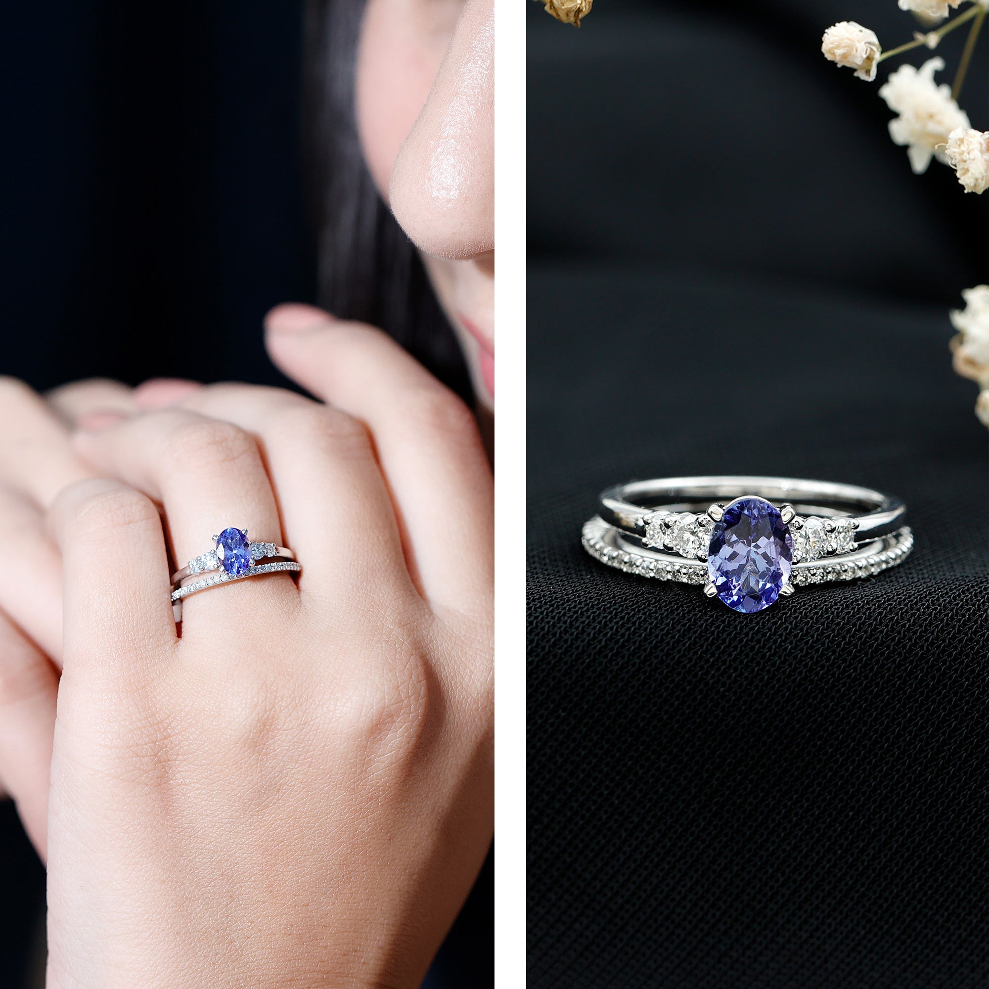 Natural 0.9 Carat Tanzanite and Diamond Oval Engagement Ring with Wedding Band AAA 92.5 Sterling Silver - Rosec Jewels