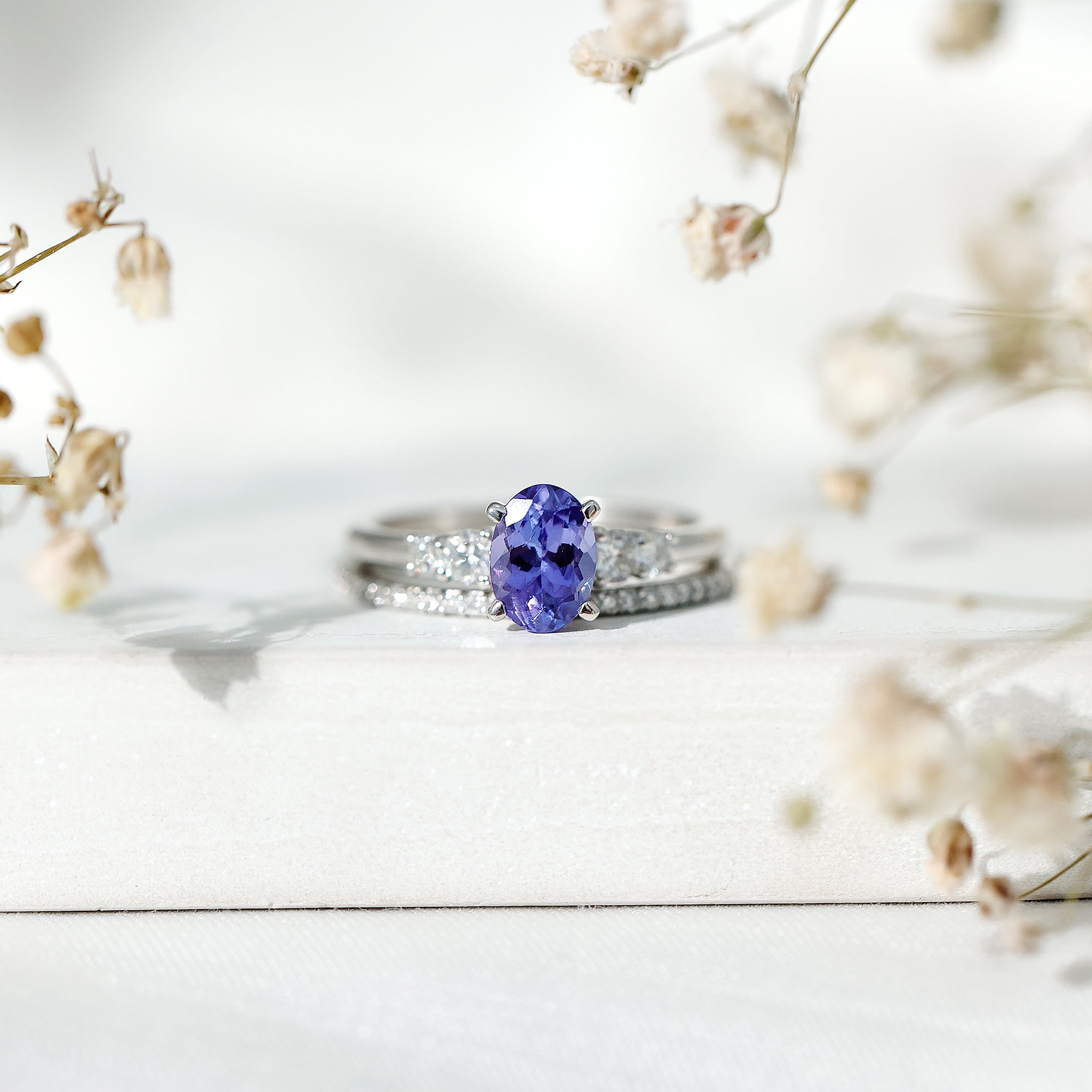 Natural 0.9 Carat Tanzanite and Diamond Oval Engagement Ring with Wedding Band AAA 92.5 Sterling Silver - Rosec Jewels