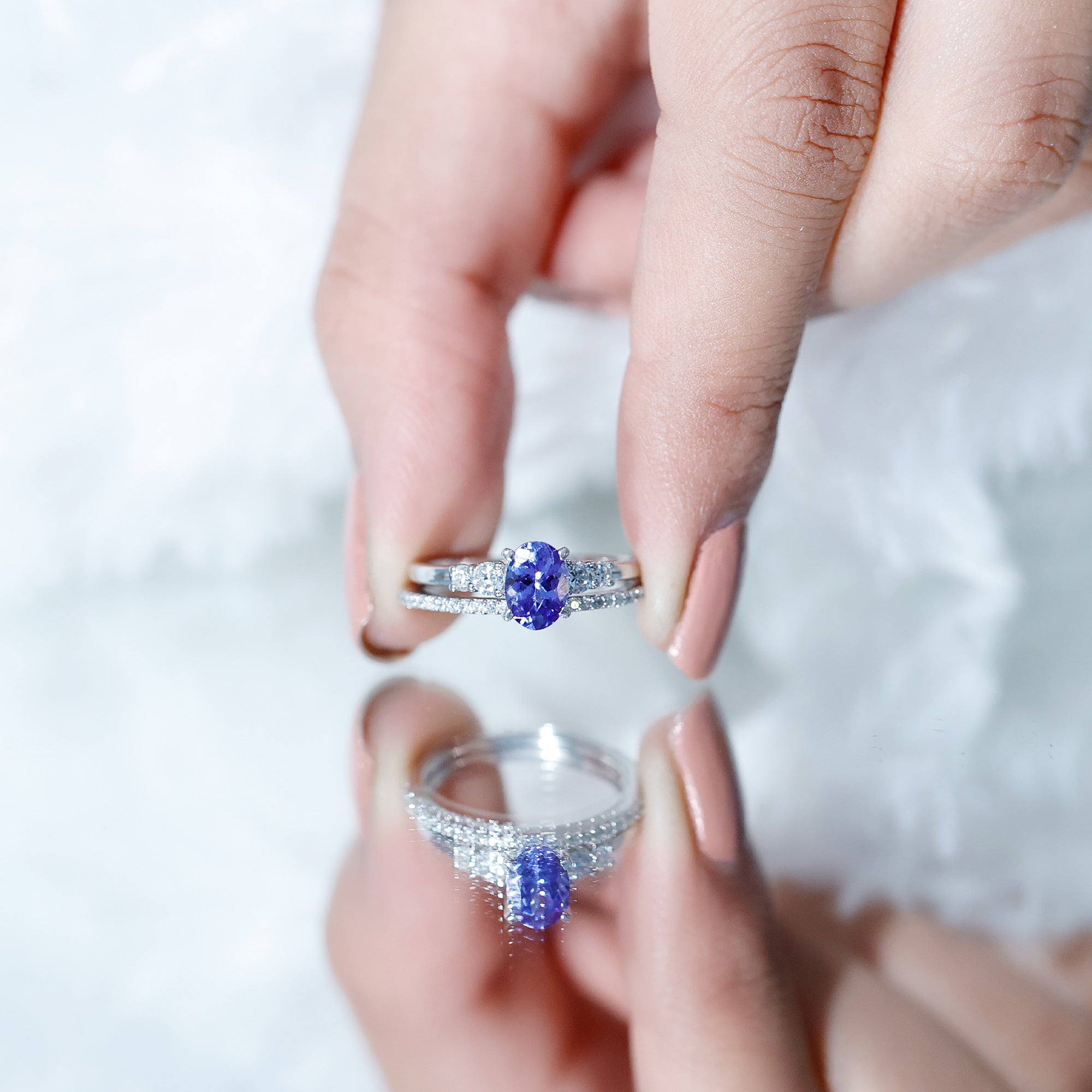Natural 0.9 Carat Tanzanite and Diamond Oval Engagement Ring with Wedding Band AAA 92.5 Sterling Silver - Rosec Jewels