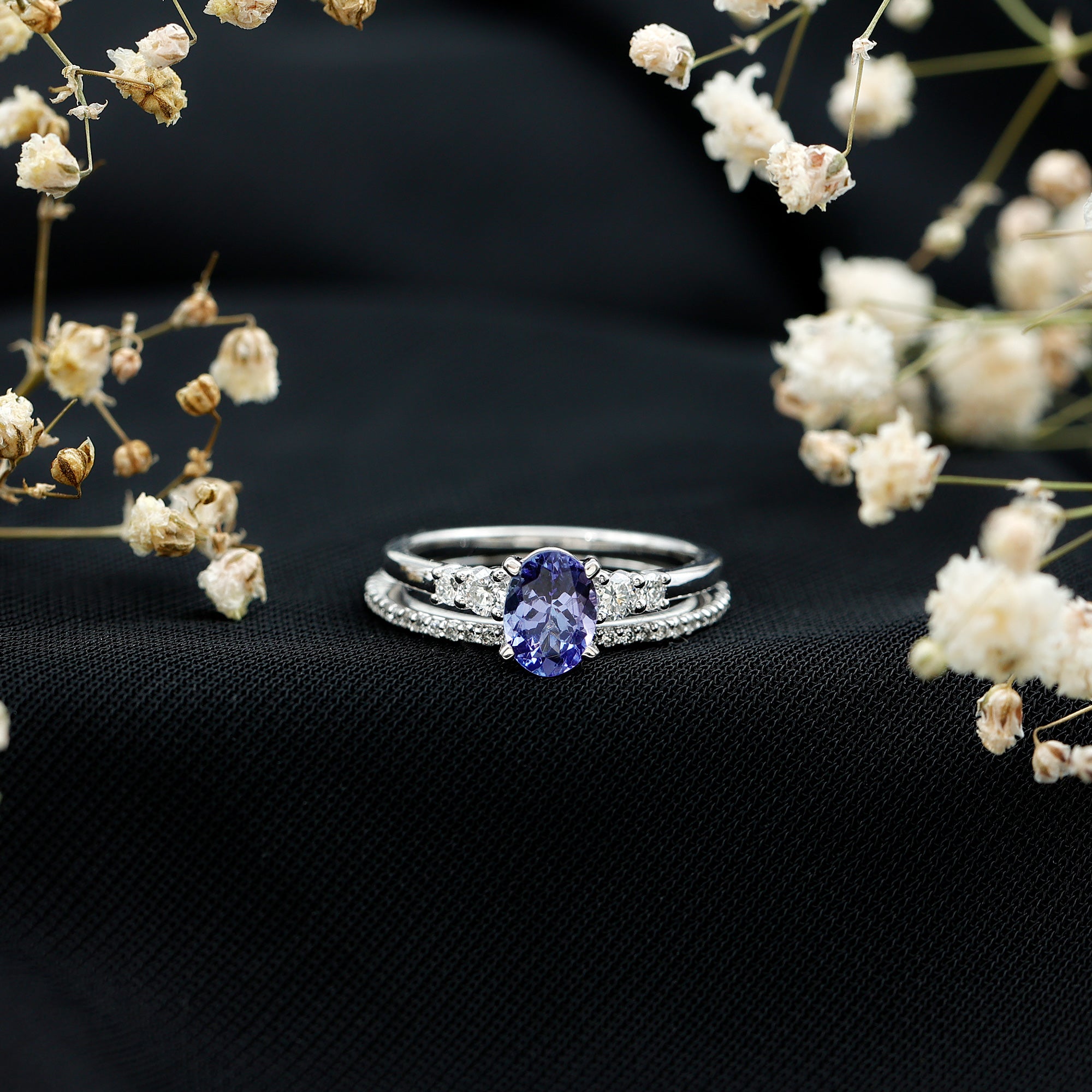 Natural 0.9 Carat Tanzanite and Diamond Oval Engagement Ring with Wedding Band AAA 92.5 Sterling Silver - Rosec Jewels
