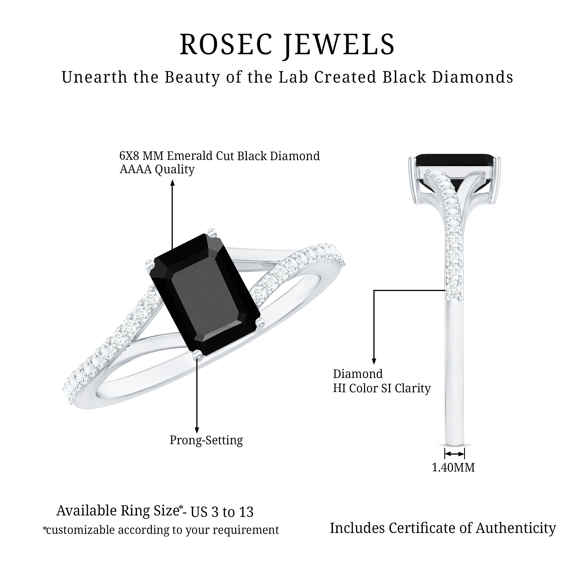 8X10MM Emerald Cut Lab Created Black Diamond Engagement Ring AAAA ( Synthetic ) - Rosec Jewels