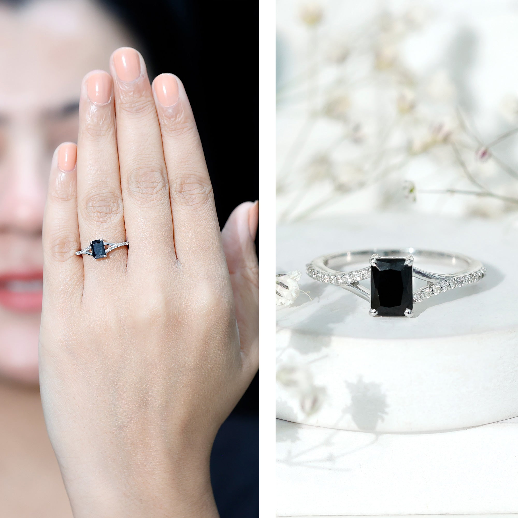 8X10MM Emerald Cut Lab Created Black Diamond Engagement Ring AAAA ( Synthetic ) - Rosec Jewels