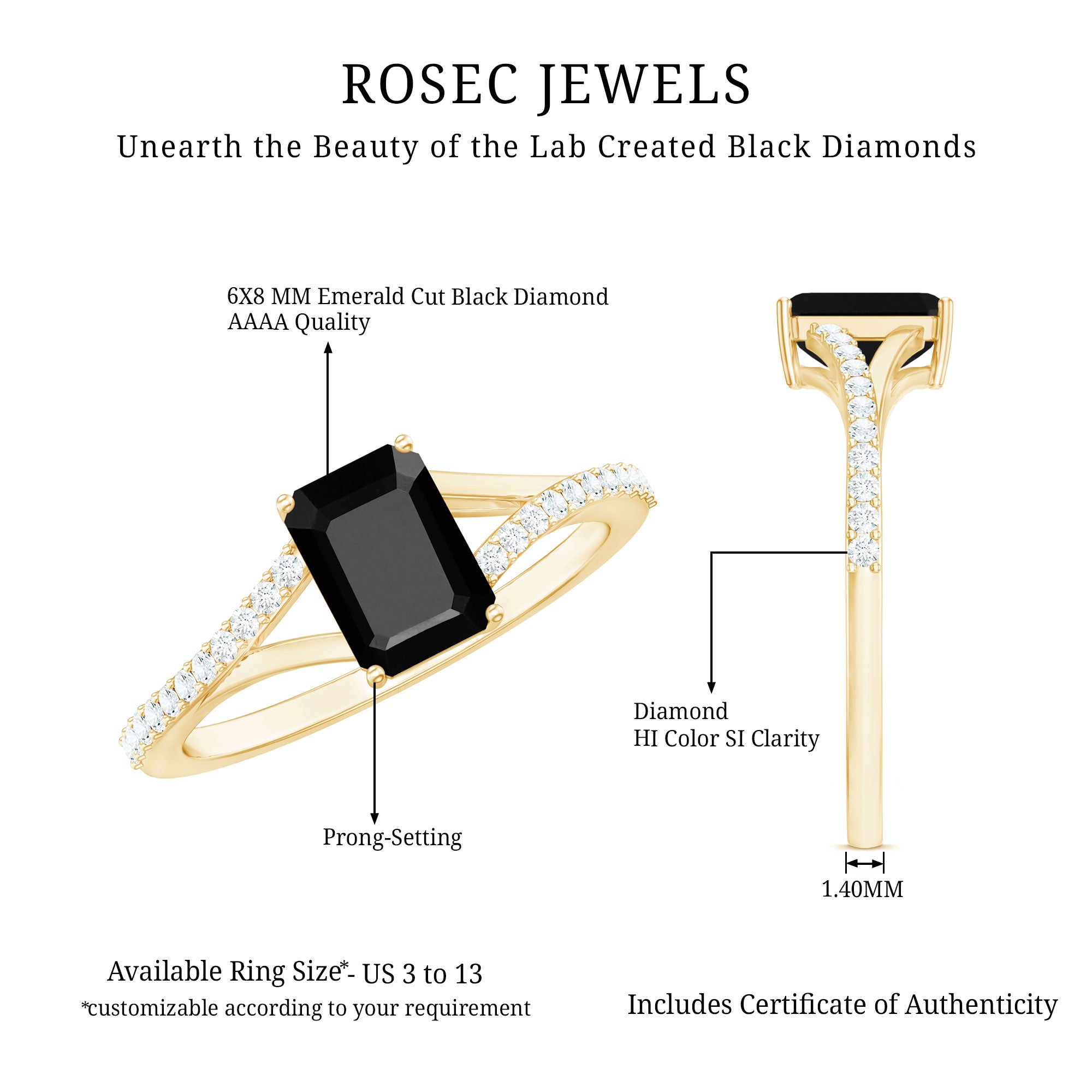 8X10MM Emerald Cut Lab Created Black Diamond Engagement Ring AAAA ( Synthetic ) - Rosec Jewels