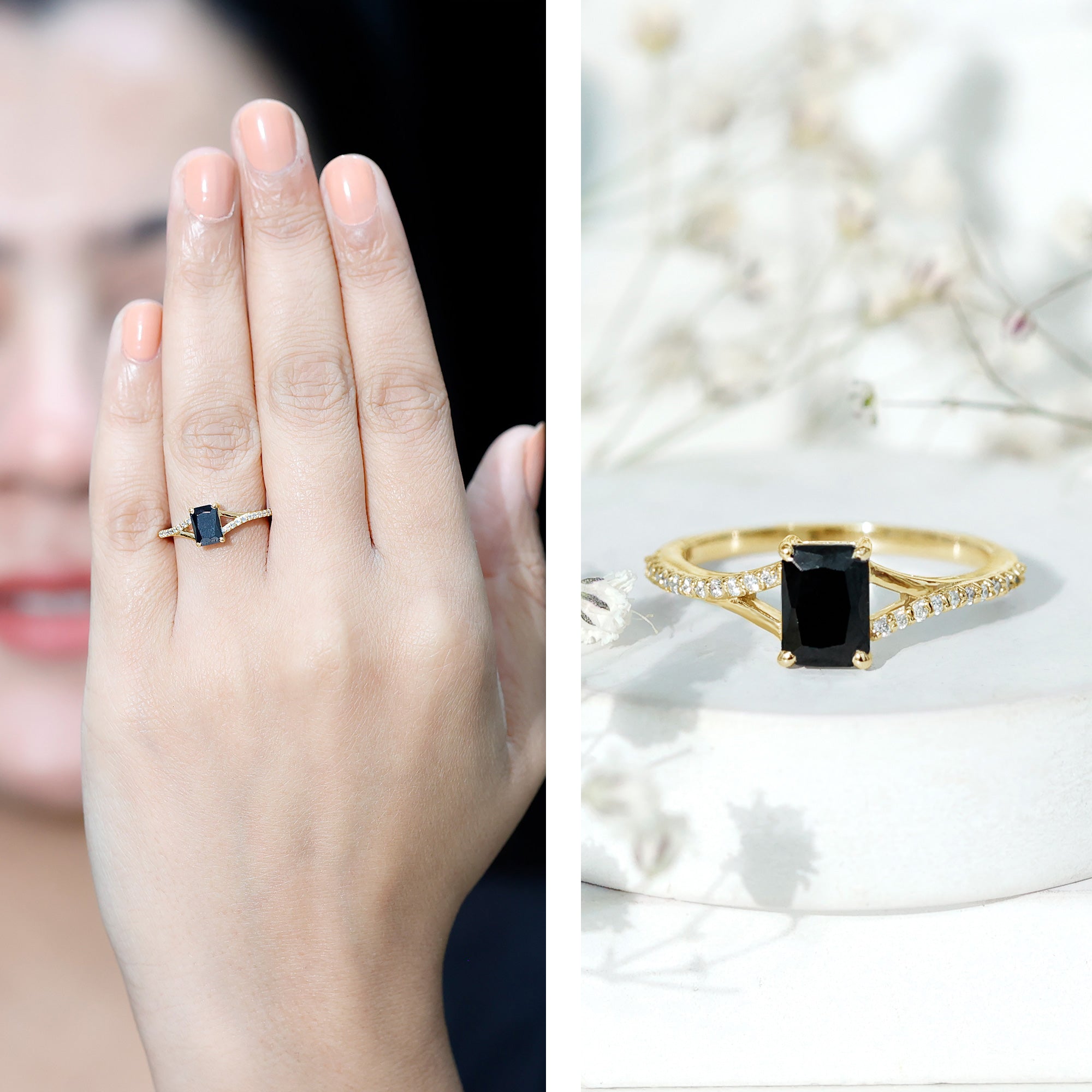 8X10MM Emerald Cut Lab Created Black Diamond Engagement Ring AAAA ( Synthetic ) - Rosec Jewels