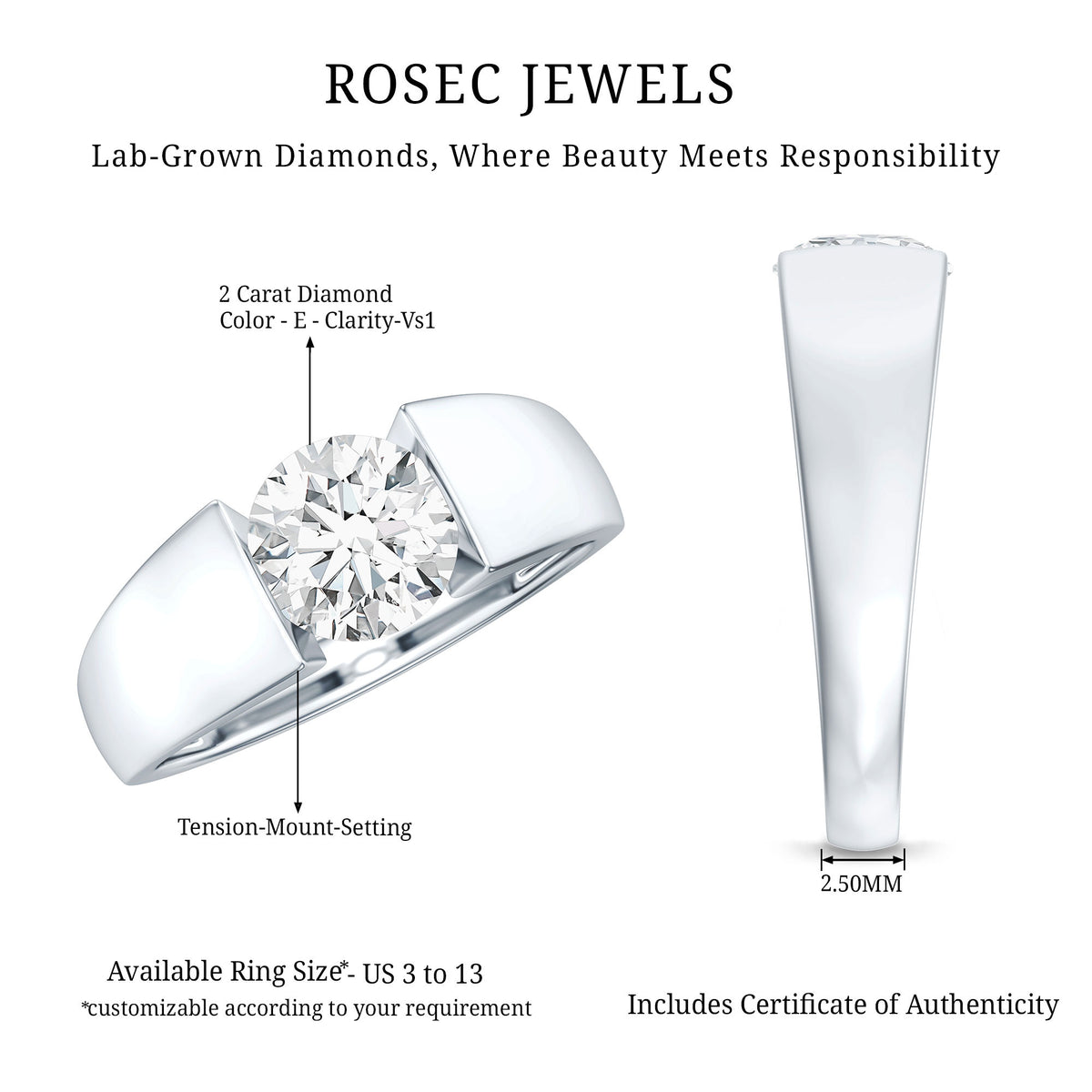 IGI Graded 2 Carat Lab Grown Diamond Engagement Ring for Men Lab - ( E-VS1 ) - Rosec Jewels