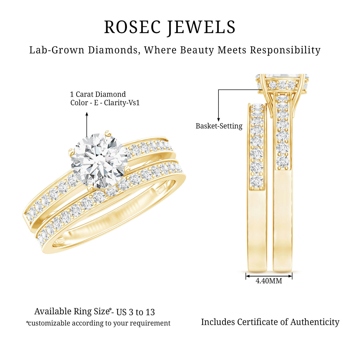 1 Carat Lab Grown Diamond Wedding Ring Set with IGI Certificate Lab - ( E-VS1 ) - Rosec Jewels