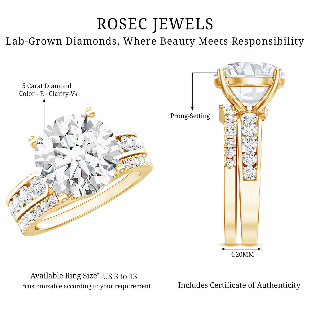 5 Carat IGI Certified Lab Grown Diamond Engagement Ring with Wedding Band Lab - ( E-VS1 ) - Rosec Jewels