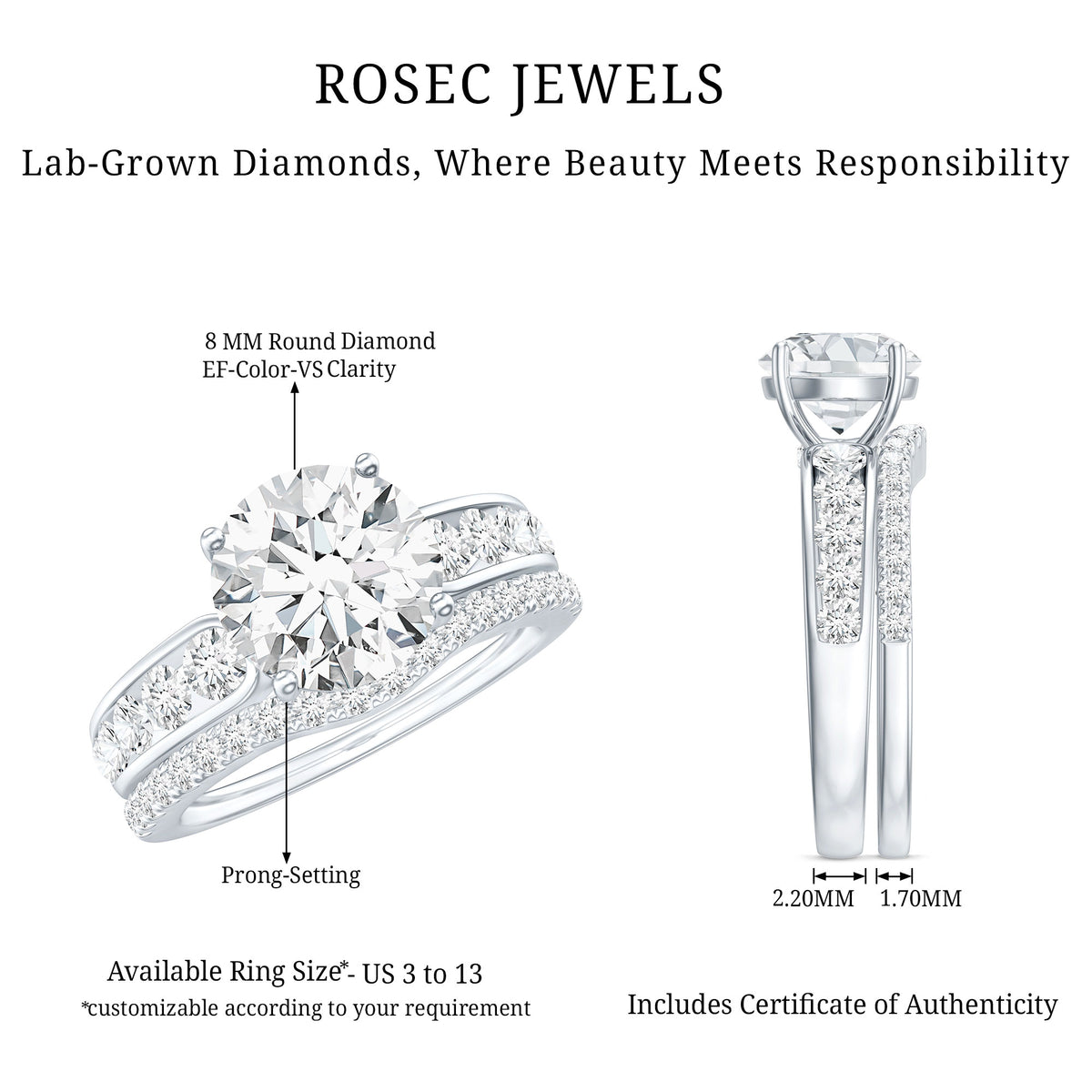 Rosec Jewels-2 Carat Lab Grown Diamond Wedding Engagement Ring Set IGI Certified