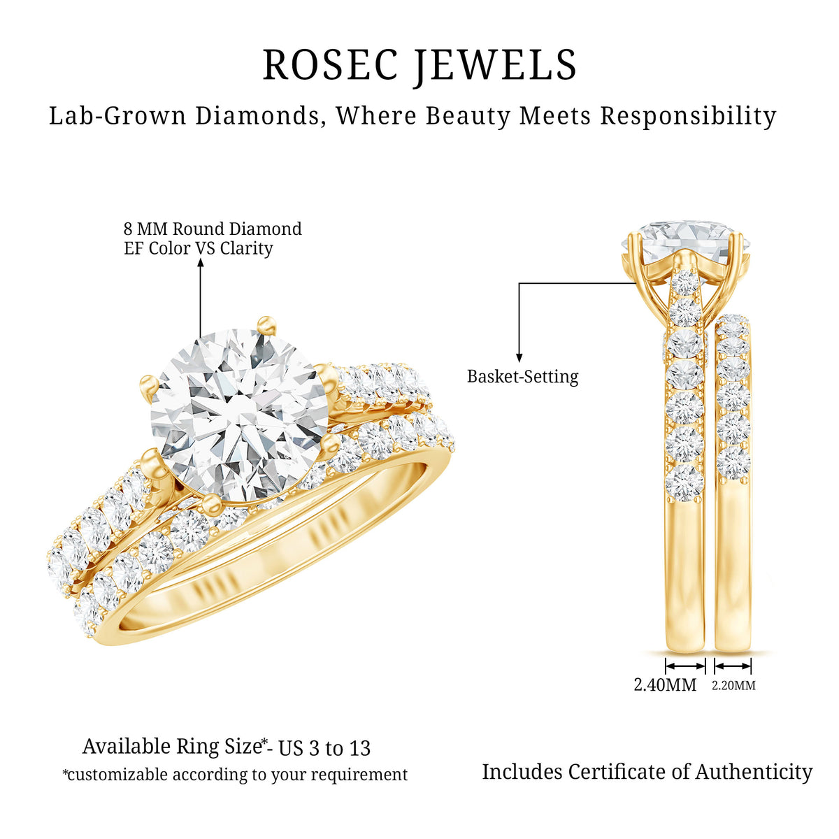 Rosec Jewels-2 Carat Lab Grown Diamond Wedding Ring Set with IGI Certificate