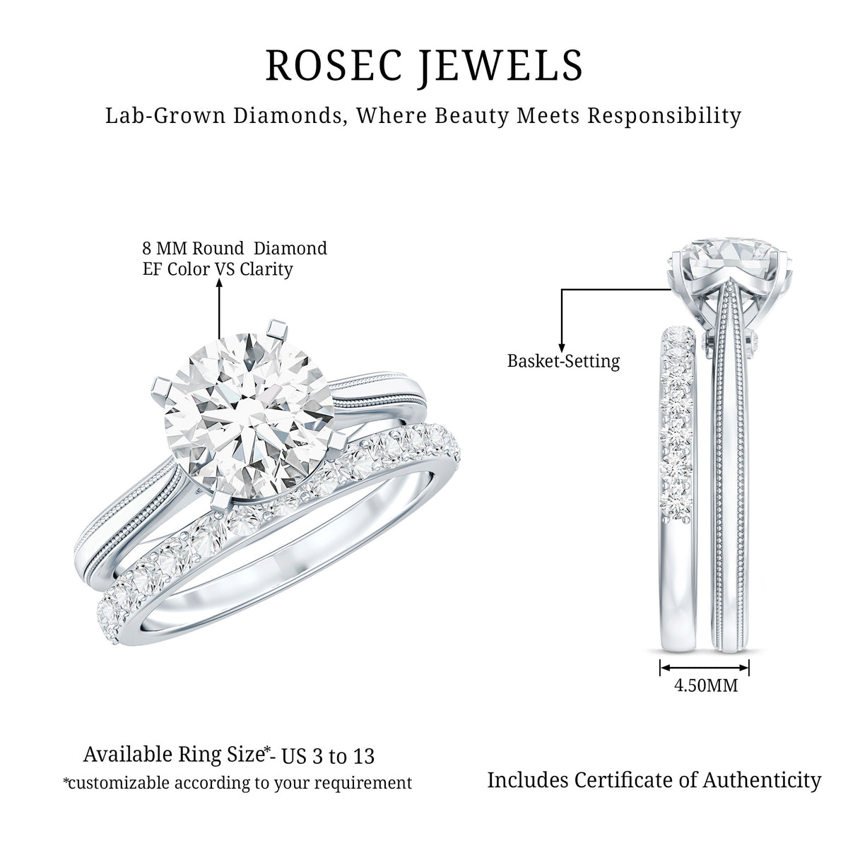 Rosec Jewels-IGI Authenticated Lab Created 2 Carat Diamond Solitaire Wedding Ring Set