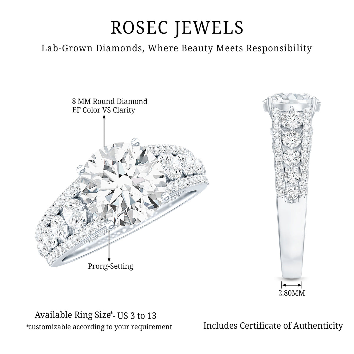 Rosec Jewels-IGI Verified Lab Grown Diamond 2 Carat Engagement Ring with Side Stones