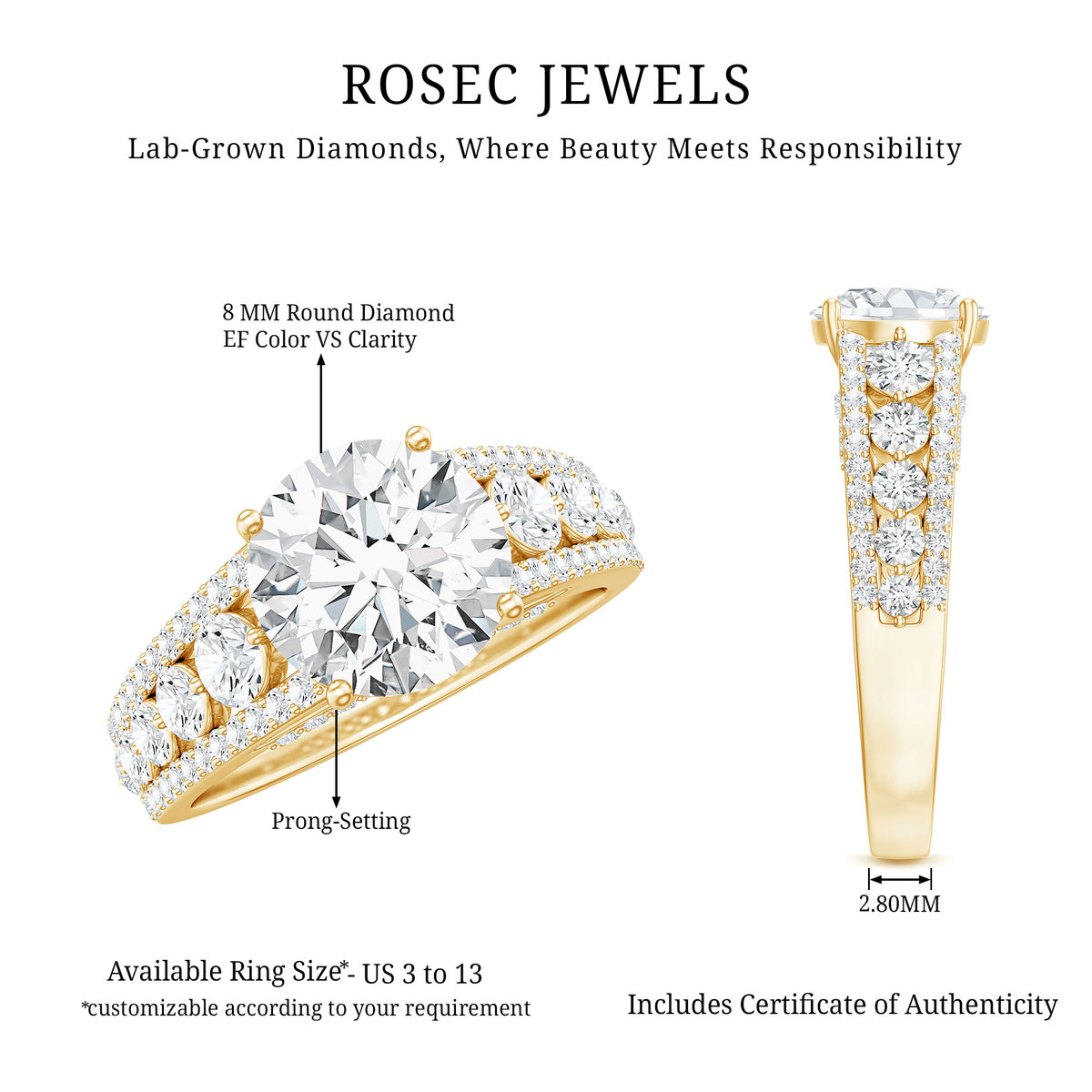 Rosec Jewels-IGI Verified Lab Grown Diamond 2 Carat Engagement Ring with Side Stones