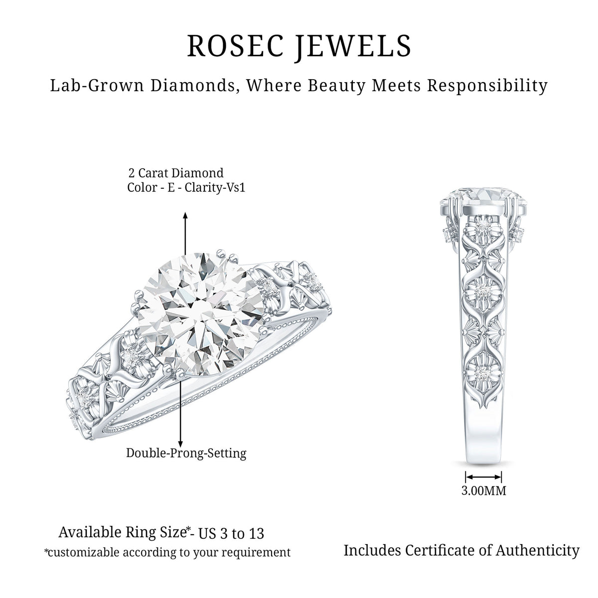 2 Carat Lab Grown Diamond Nature Inspired Engagement Ring with IGI Certificate Lab - ( E-VS1 ) - Rosec Jewels