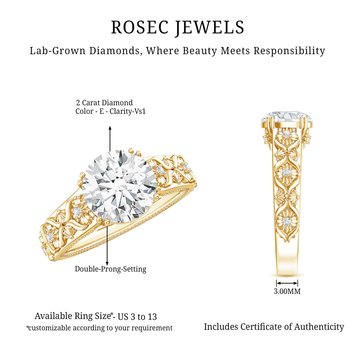 2 Carat Lab Grown Diamond Nature Inspired Engagement Ring with IGI Certificate Lab - ( E-VS1 ) - Rosec Jewels