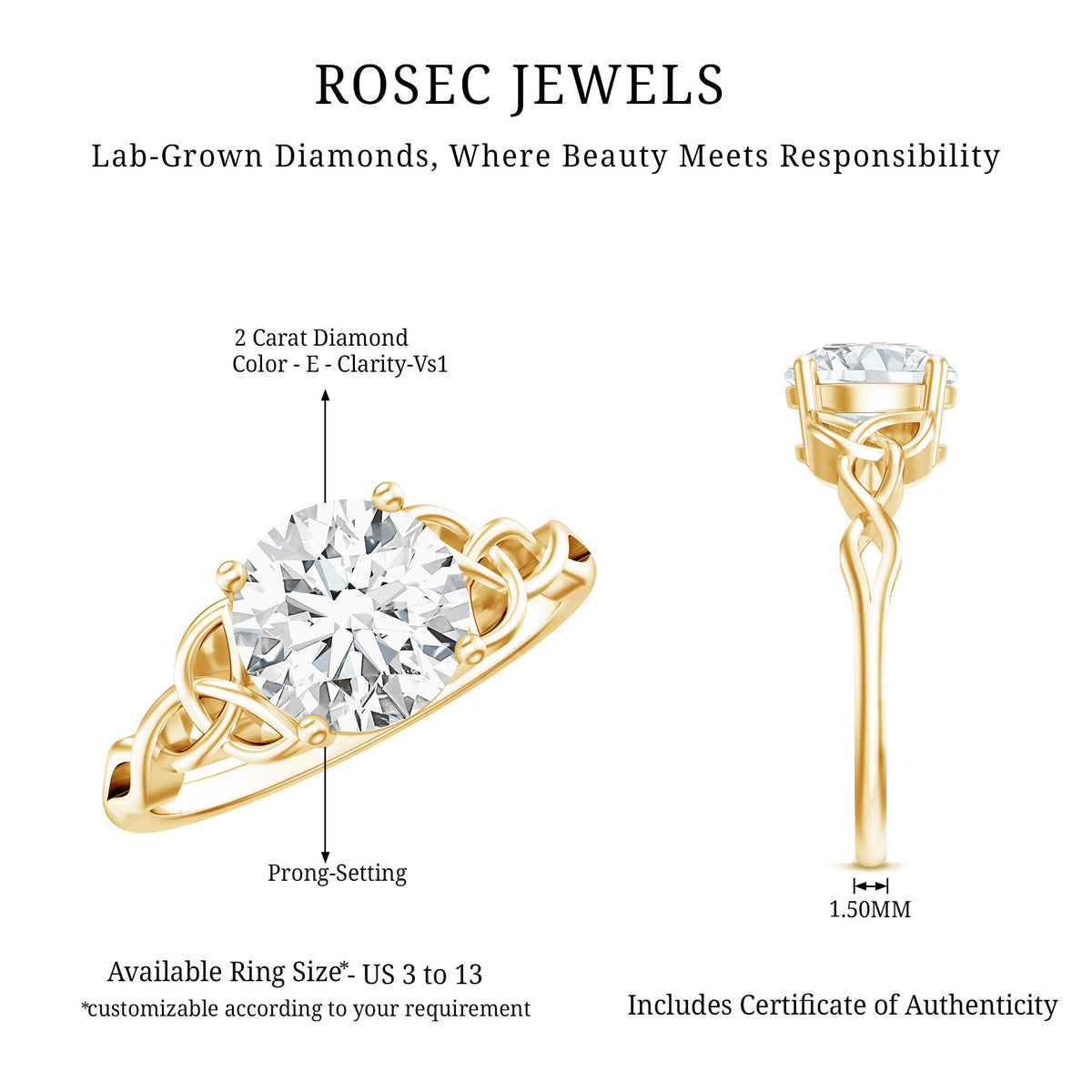 Solitaire 2 Carat Lab Grown Diamond Celtic Engagement Ring with IGI Certificate Lab - ( E-VS1 ) - Rosec Jewels