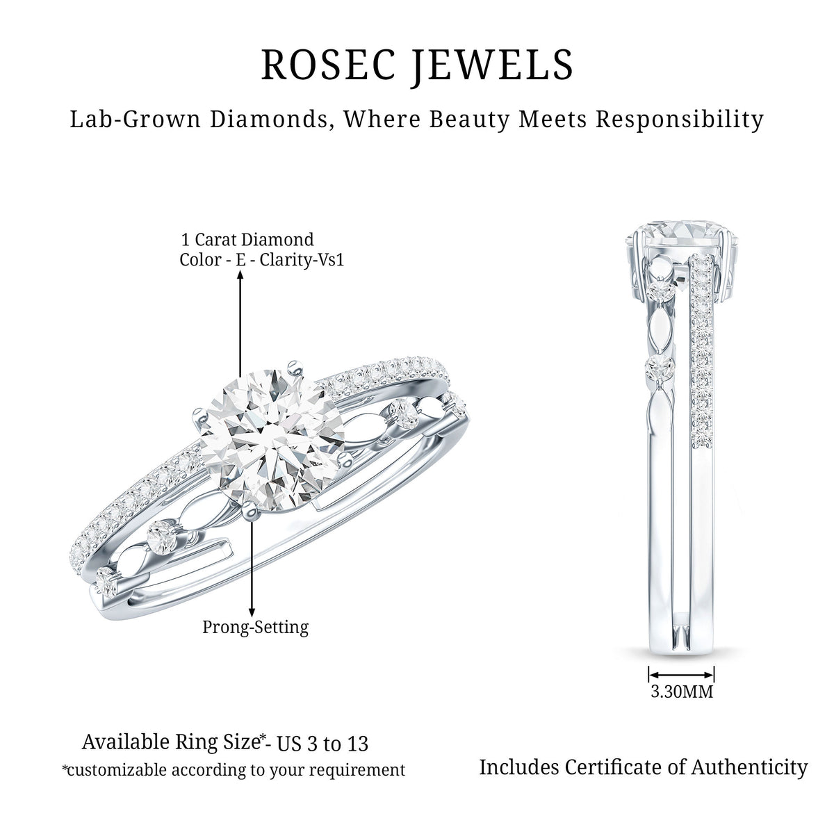 1 Carat IGI Verified Lab Grown Diamond Double Band Engagement Ring Lab - ( E-VS1 ) - Rosec Jewels