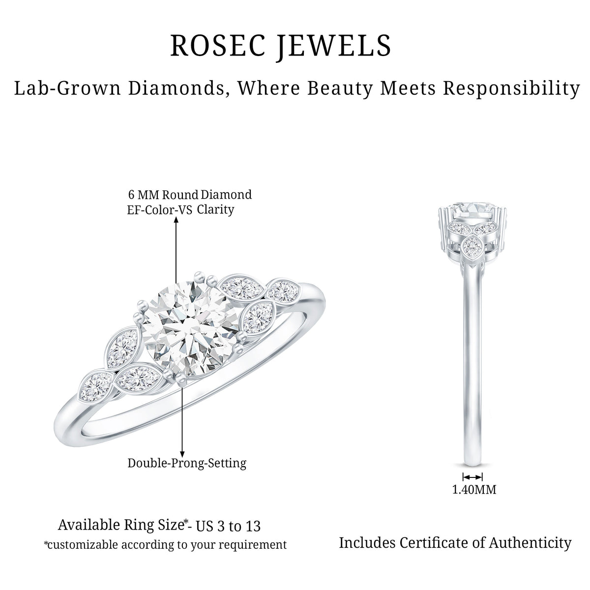 Rosec Jewels-1 Carat Lab Grown Diamond Engagement Ring with IGI Certification