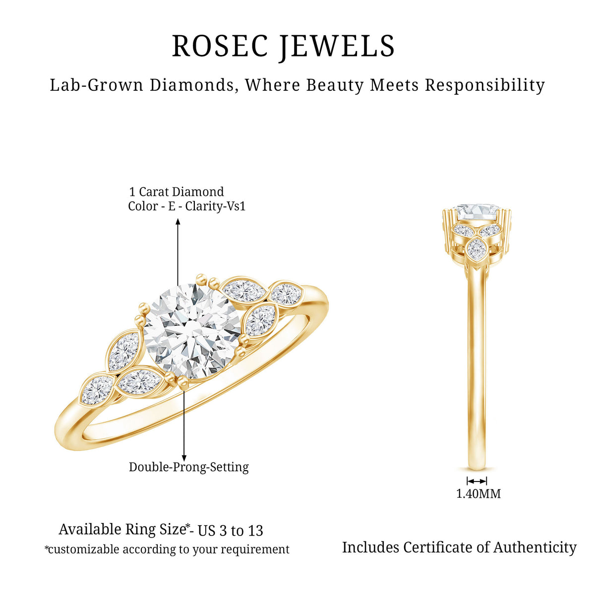 1 Carat Lab Grown Diamond Engagement Ring with IGI Certification Lab - ( E-VS1 ) - Rosec Jewels