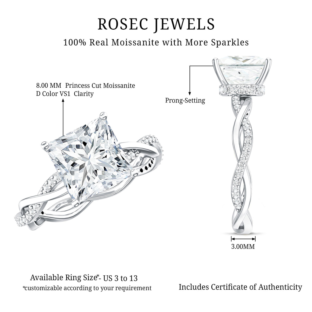 Rosec Jewels-IGI Documented 4 Carat Princess Cut Lab Diamond Crossover Engagement Ring