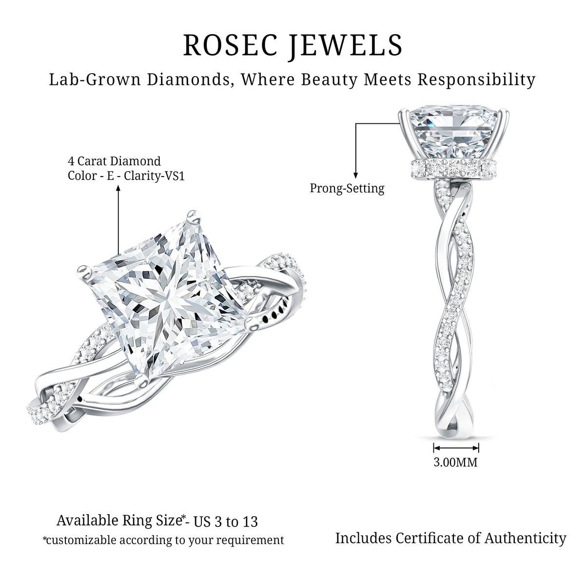 IGI Documented 4 Carat Princess Cut Lab Diamond Crossover Engagement Ring Lab - ( E-VS1 ) - Rosec Jewels