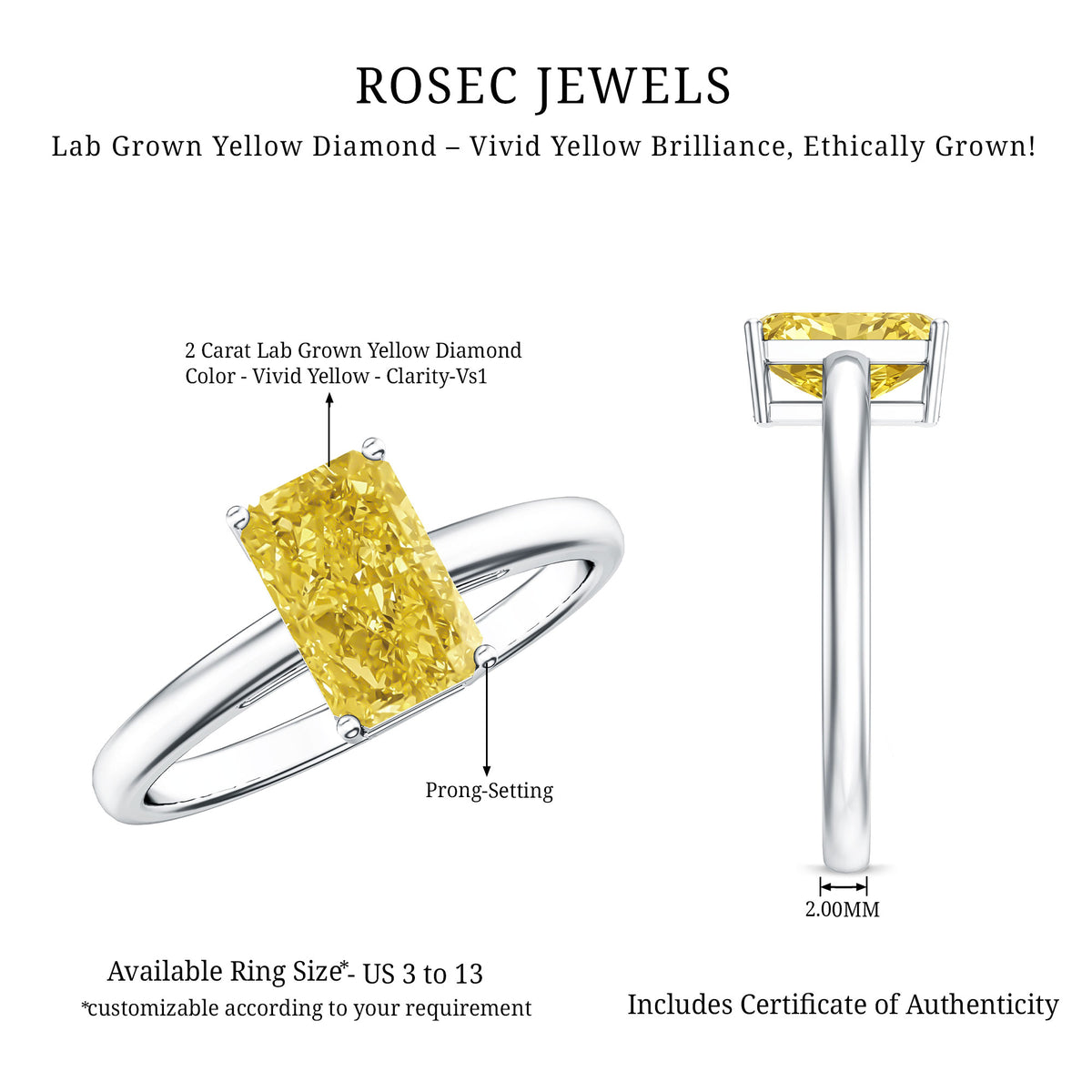 Rosec Jewels-2 Carat Radiant Cut Lab Yellow Diamond Solitaire Engagement Ring IGI Certified