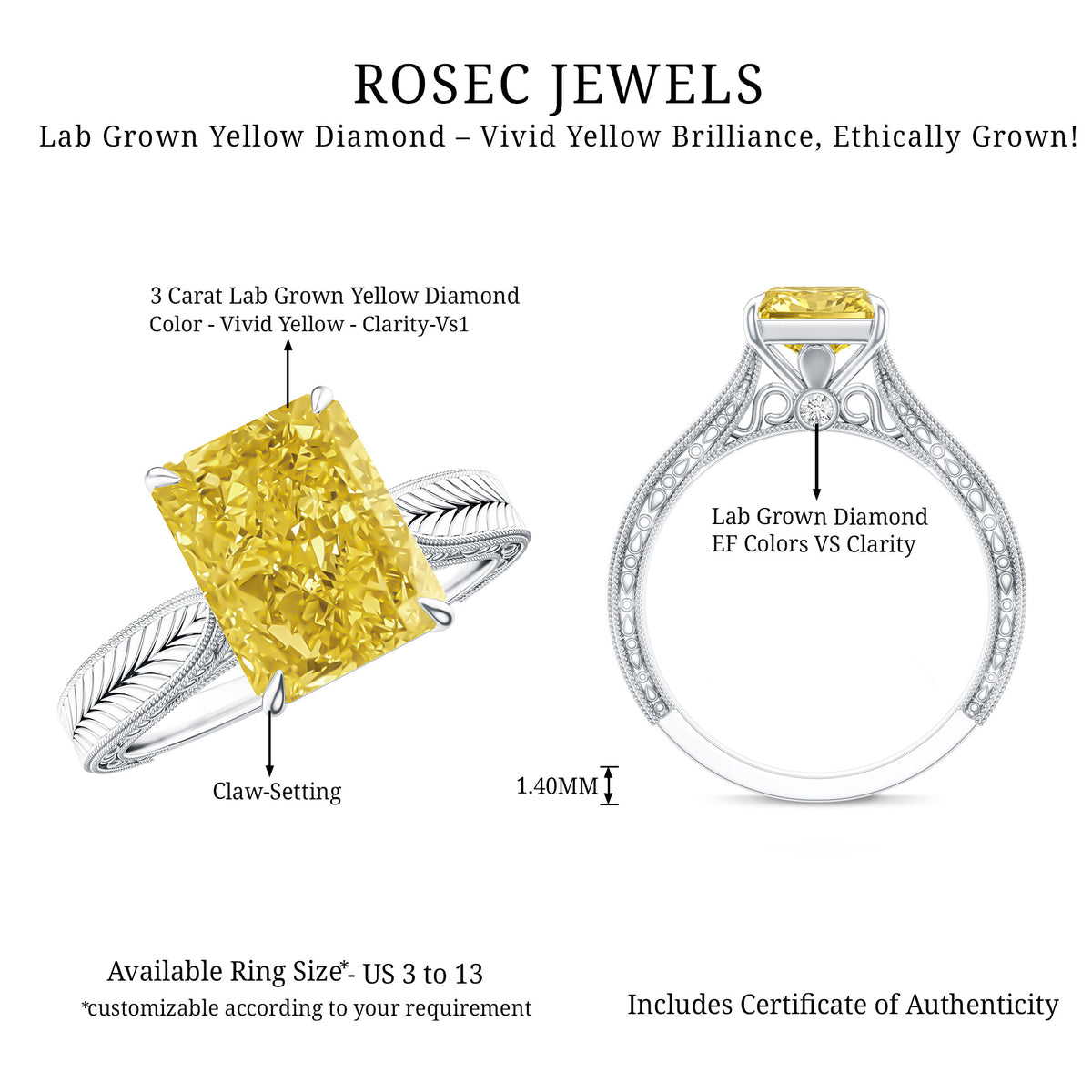 Rosec Jewels-IGI Certified 3 Carat Lab Grown Yellow Diamond Vintage Engagement Ring for Her