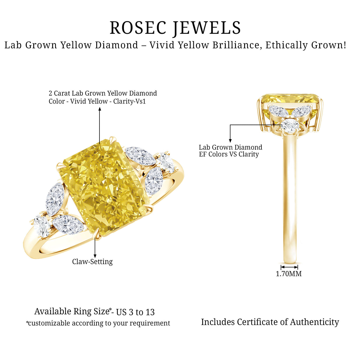 Rosec Jewels-Radiant Cut 2 Carat Lab Grown Yellow Diamond Engagement Ring with IGI Certificate