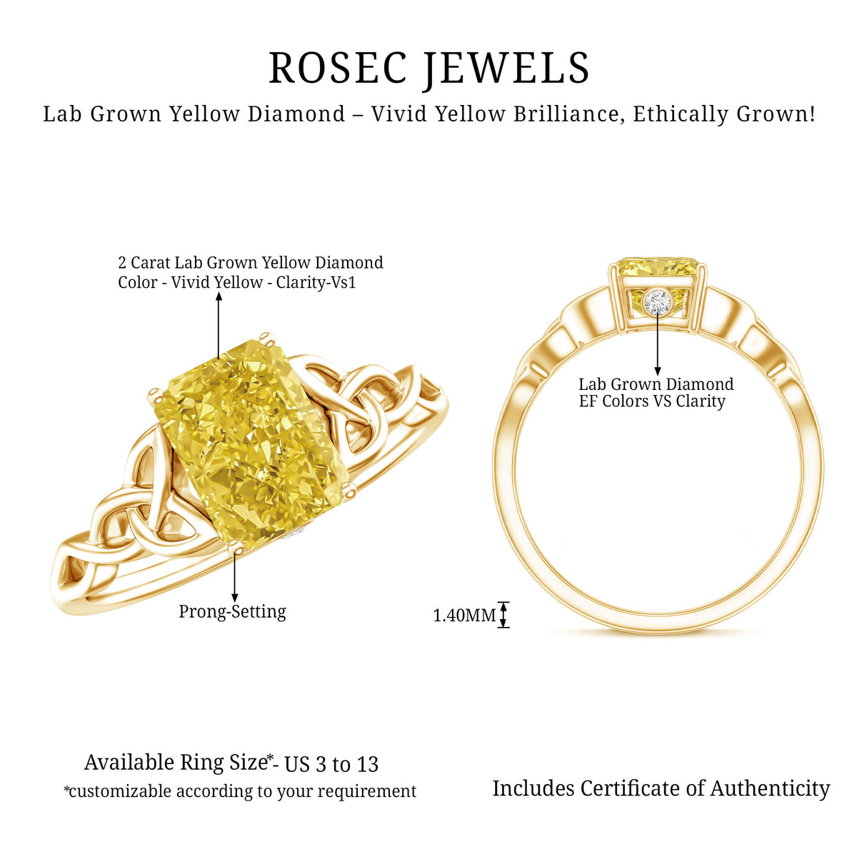Rosec Jewels-IGI Verified Celtic Engagement Ring with 2 Carat Radiant Cut Lab Yellow Diamond