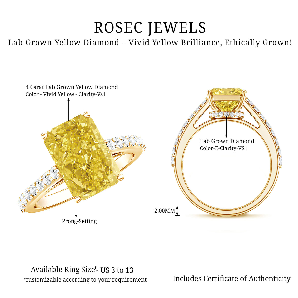 Rosec Jewels-Hidden Halo Radiant Cut Engagement Ring with IGI Verified 4 Carat Lab Yellow Diamond