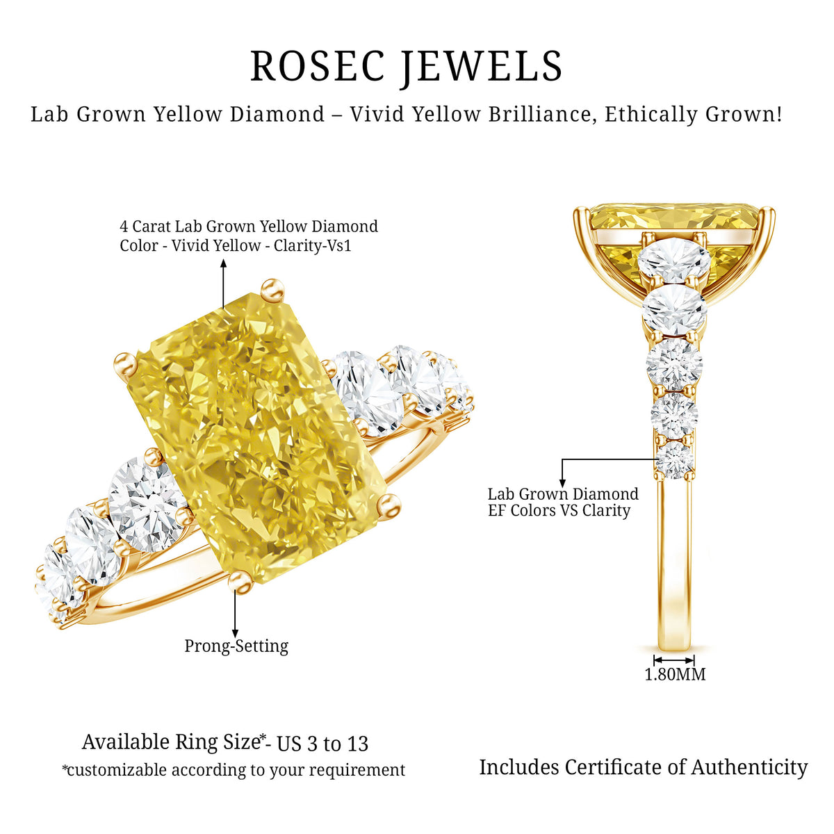 Rosec Jewels-Radiant Cut 4 Carat Lab Yellow Diamond Side Stone Engagement Ring IGI Certified