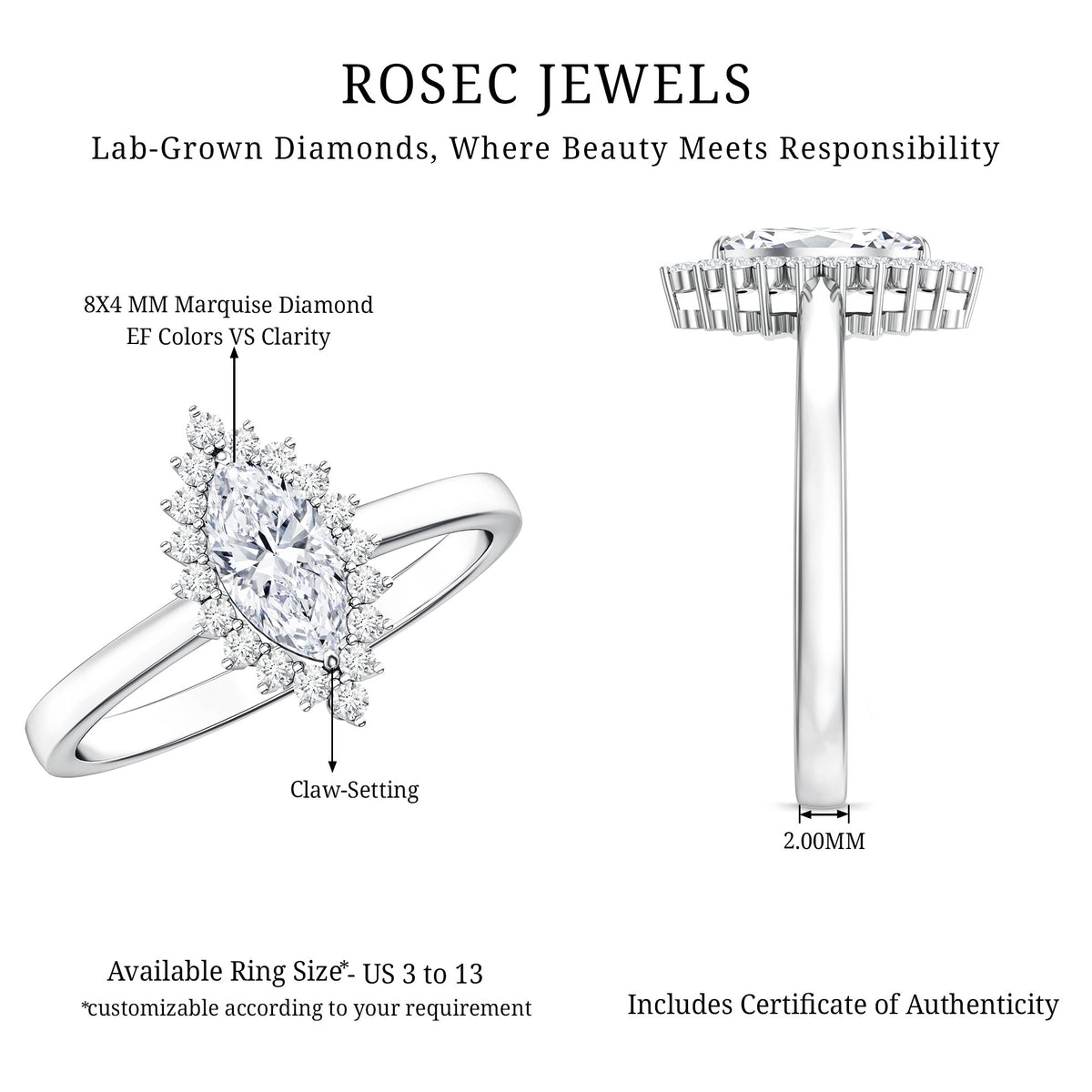 Elongated Marquise Cut Lab Grown Diamond Halo Engagement Ring for Her Lab - ( EF-VS ) - Rosec Jewels