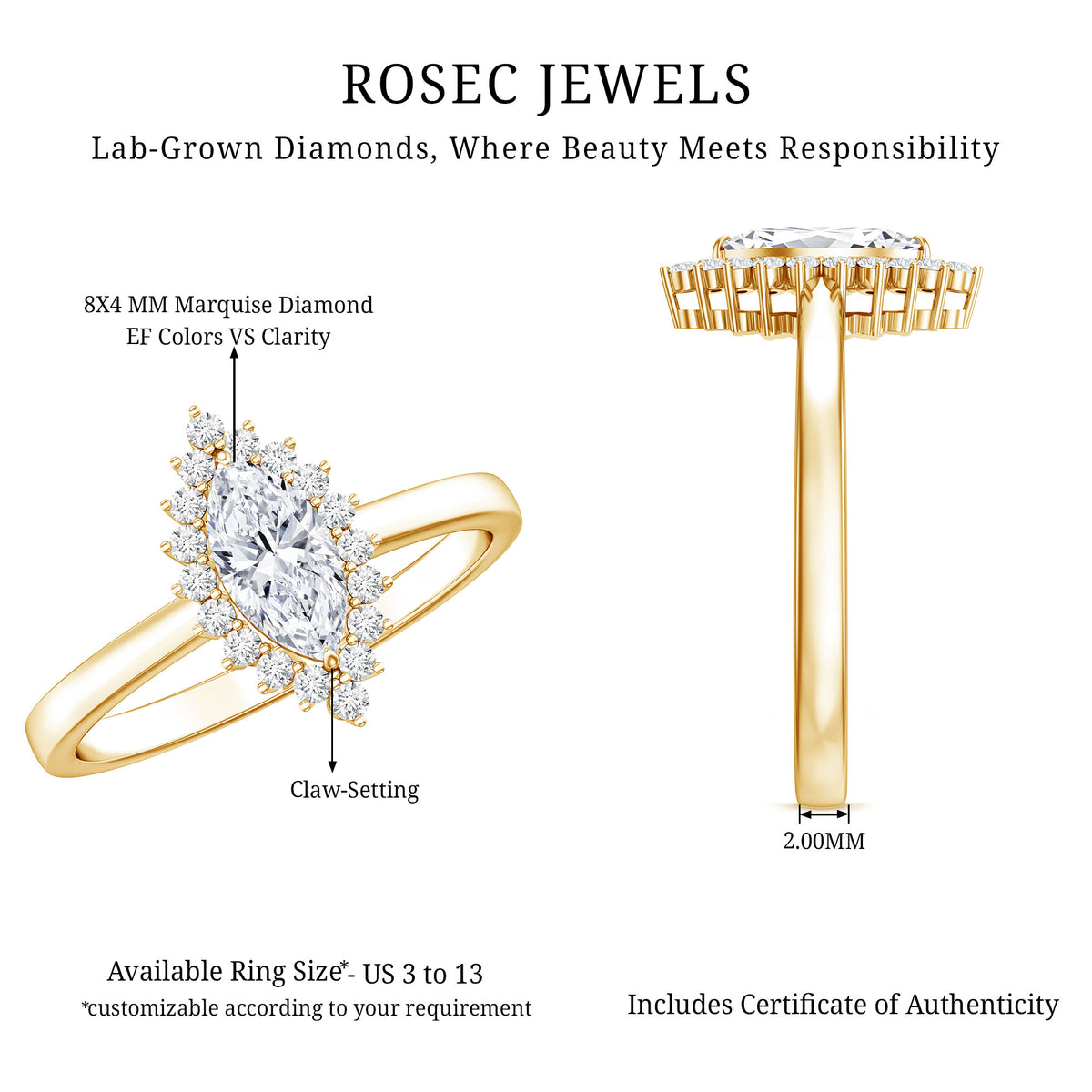 Elongated Marquise Cut Lab Grown Diamond Halo Engagement Ring for Her Lab - ( EF-VS ) - Rosec Jewels