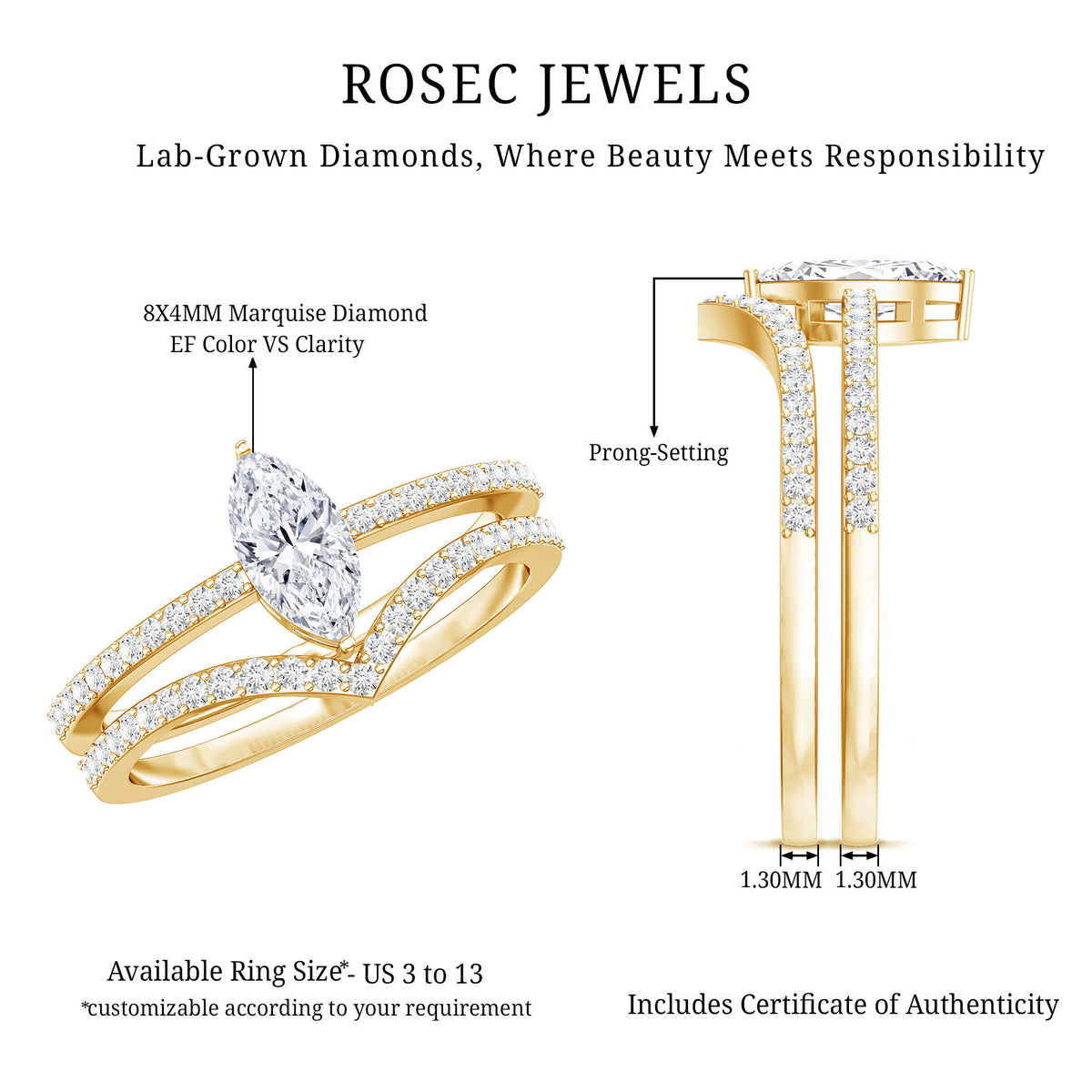Marquise Cut Lab Grown Diamond Bridal Ring Set for Her Lab - ( EF-VS ) - Rosec Jewels