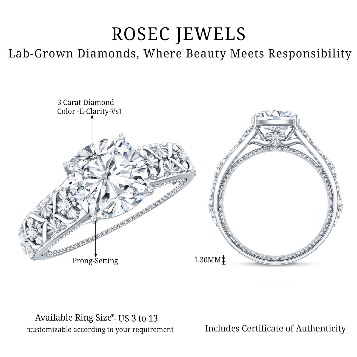 3 Carat Cushion Cut Lab Grown Diamond Vintage Engagement Ring with IGI Certificate Lab - ( E-VS1 ) - Rosec Jewels