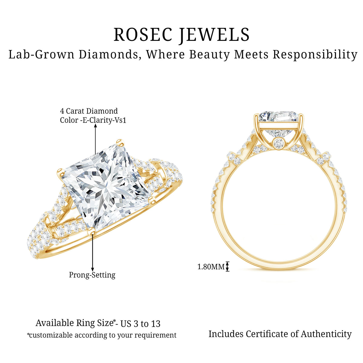 Rosec Jewels-IGI Verified 4 Carat Lab Grown Diamond Princess Cut Engagement Ring with Split Shank