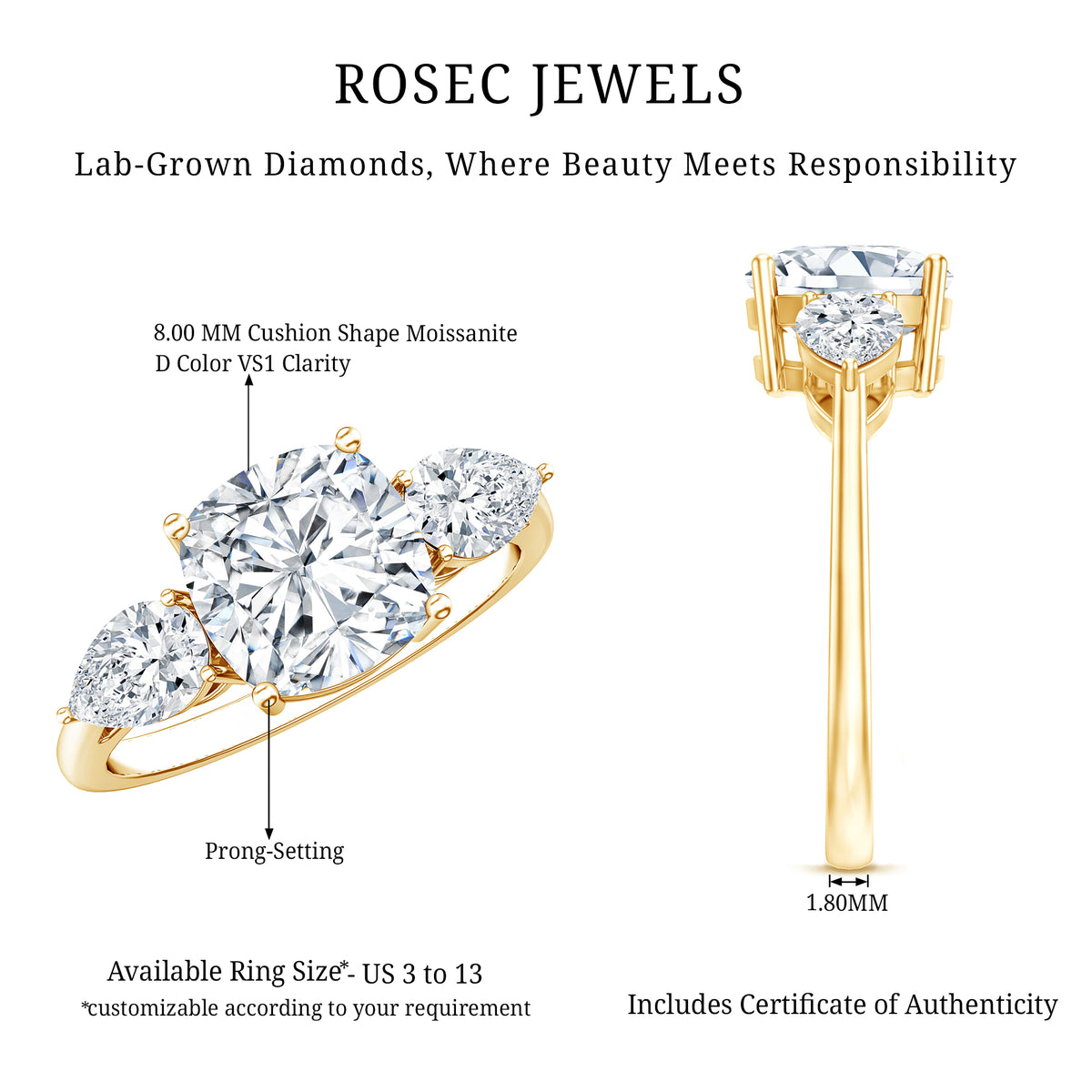3 Carat Cushion Cut Moissanite Three Stone Engagement Ring D-VS1 - Rosec Jewels
