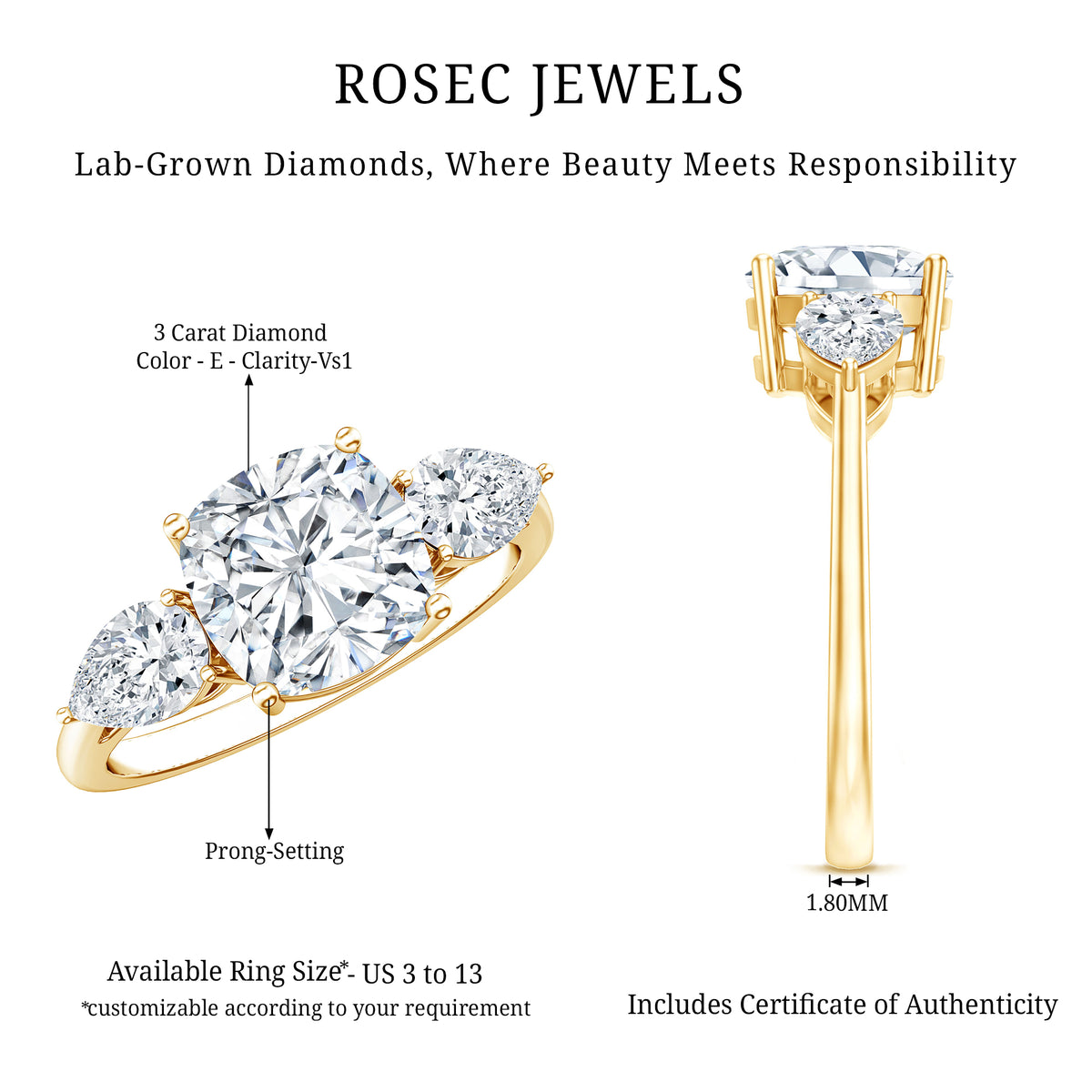 IGI Documented 3 Carat Cushion Cut Lab Grown Diamond Journey Ring Lab - ( E-VS1 ) - Rosec Jewels