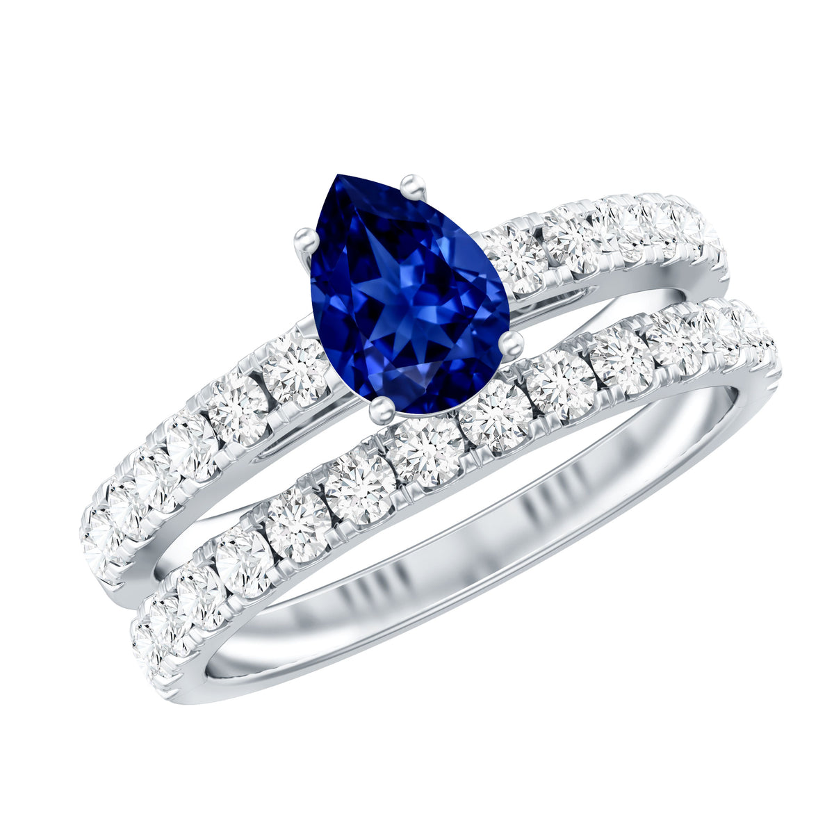 Pear Shape Lab Grown Blue Sapphire and Diamond Bridal Ring Set AAAA - Rosec Jewels
