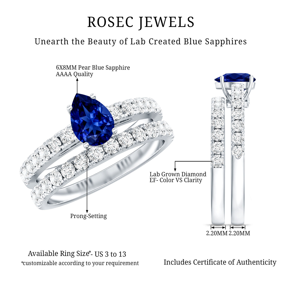 Pear Shape Lab Grown Blue Sapphire and Diamond Bridal Ring Set AAAA - Rosec Jewels