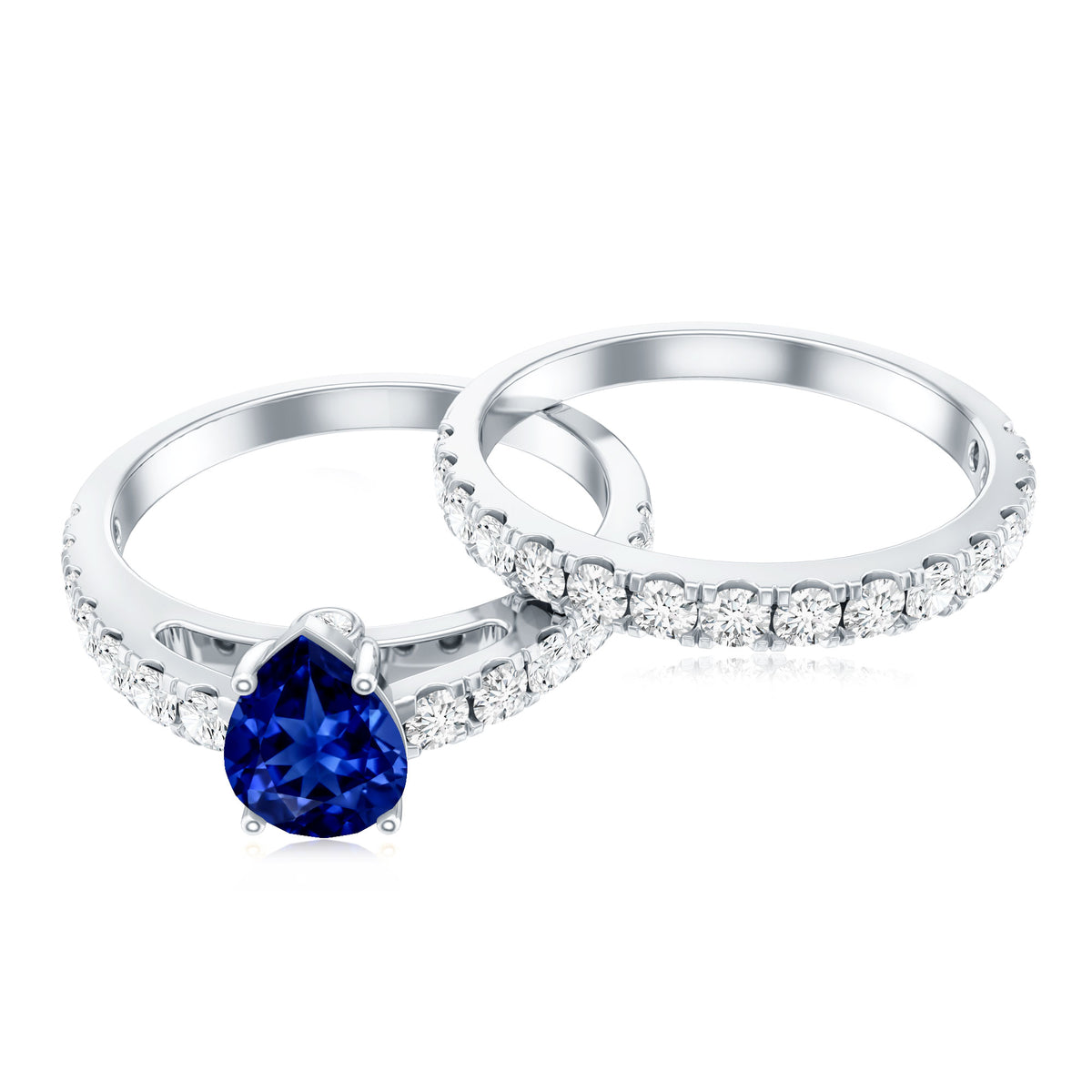 Pear Shape Lab Grown Blue Sapphire and Diamond Bridal Ring Set AAAA - Rosec Jewels