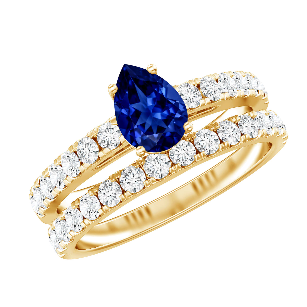 Pear Shape Lab Grown Blue Sapphire and Diamond Bridal Ring Set AAAA - Rosec Jewels