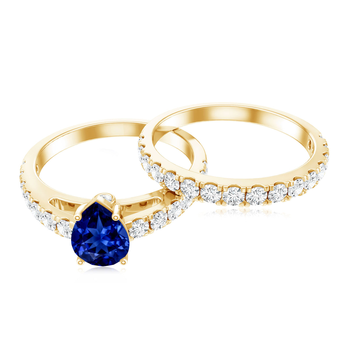 Pear Shape Lab Grown Blue Sapphire and Diamond Bridal Ring Set AAAA - Rosec Jewels