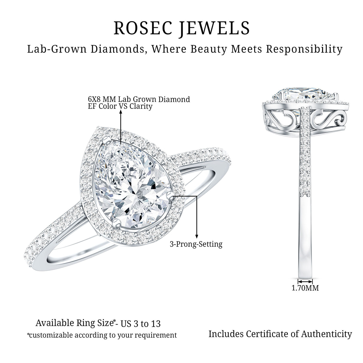 1.3 Carat Lab Grown Diamond Pear Halo Engagement Ring for Women Lab - ( EF-VS ) - Rosec Jewels