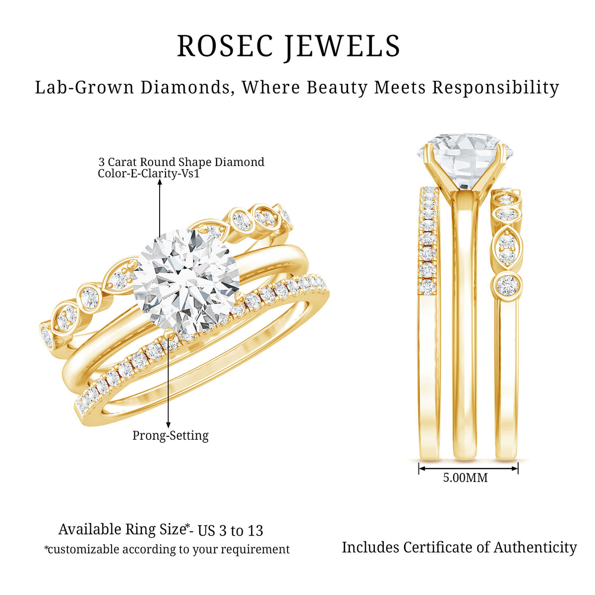 IGI Verified 3 Carat Lab Grown Diamond Trio Wedding Ring Set Lab - ( E-VS1 ) - Rosec Jewels