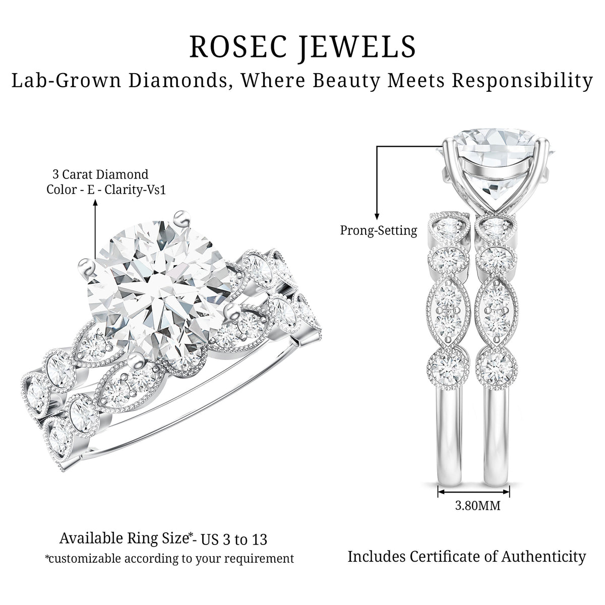 3 Carat Lab Grown Diamond Designer Wedding Ring Set IGI Certified Lab - ( E-VS1 ) - Rosec Jewels
