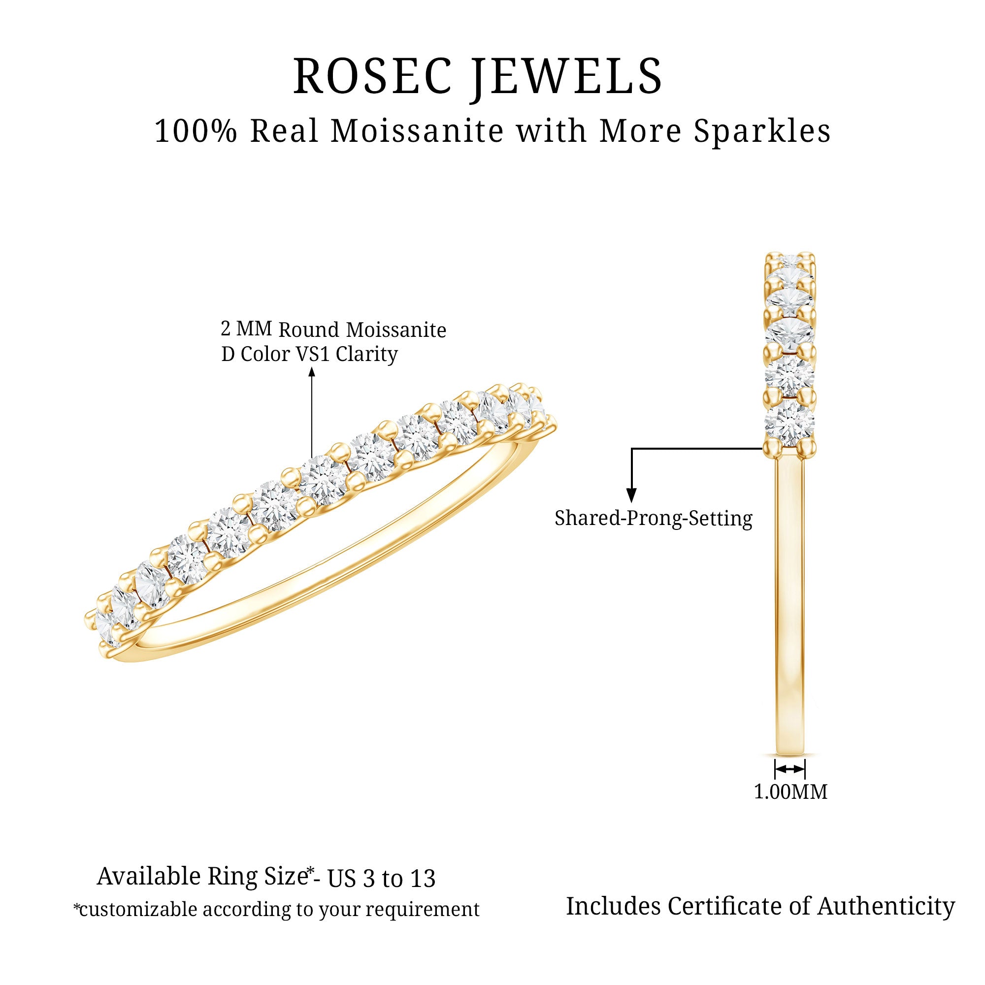 Rosec Jewels-Moissanite Half Eternity Ring in Shared Prong Setting