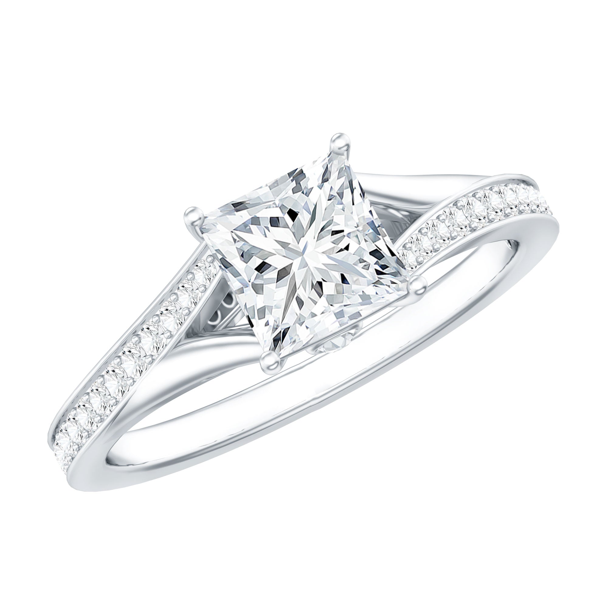 Certified Princess Cut Moissanite Engagement Ring With Split Shank D-VS1 - Rosec Jewels