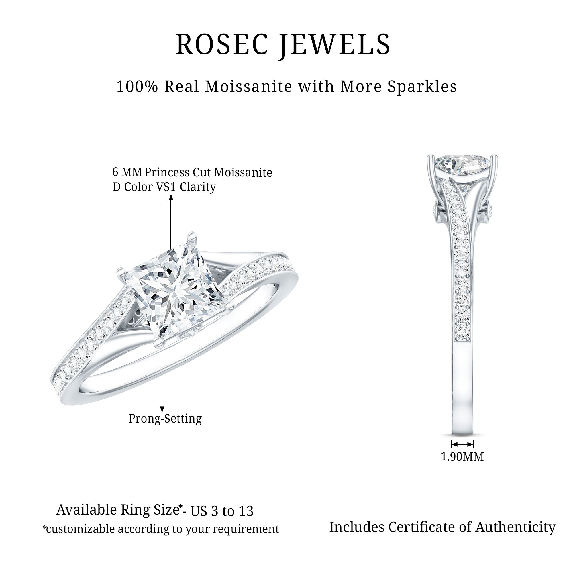 Certified Princess Cut Moissanite Engagement Ring With Split Shank D-VS1 - Rosec Jewels