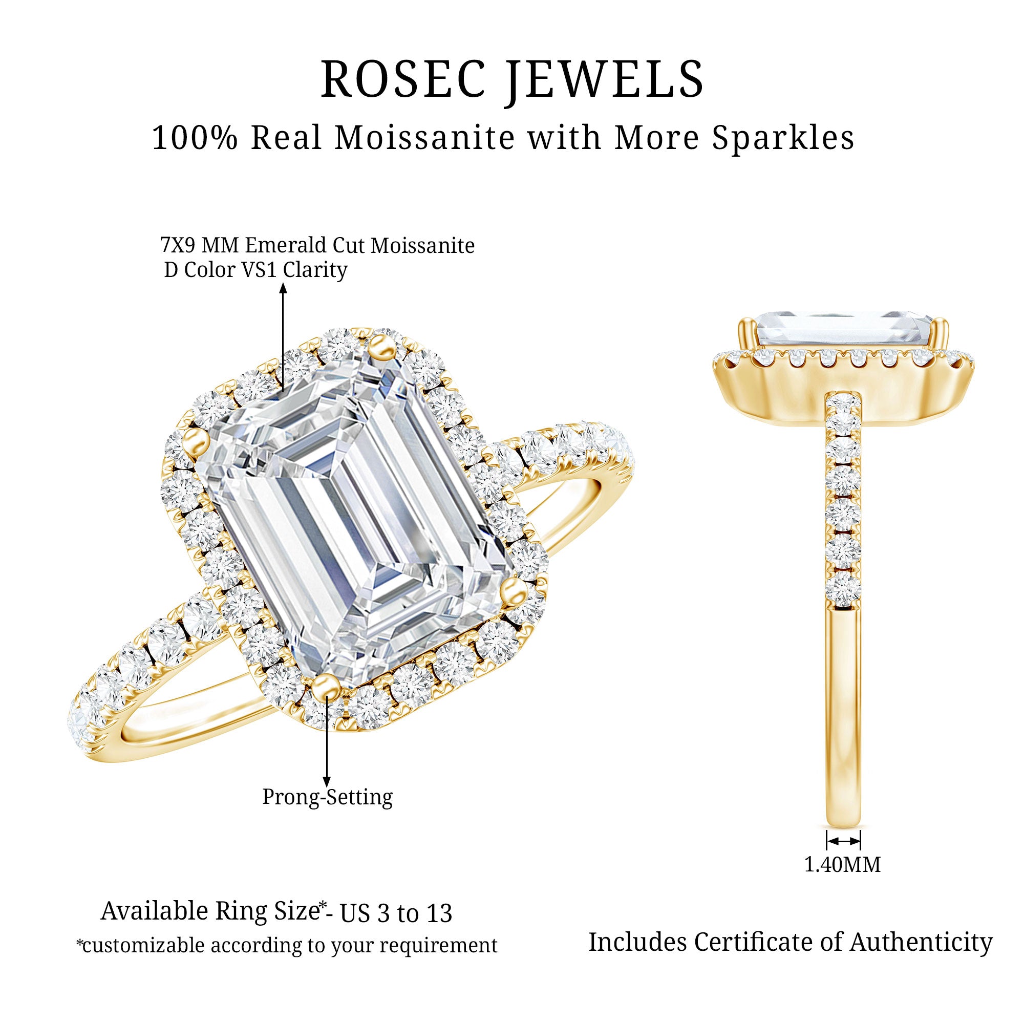 Certified Moissanite Emerald Cut Engagement Ring With Halo D-VS1 - Rosec Jewels