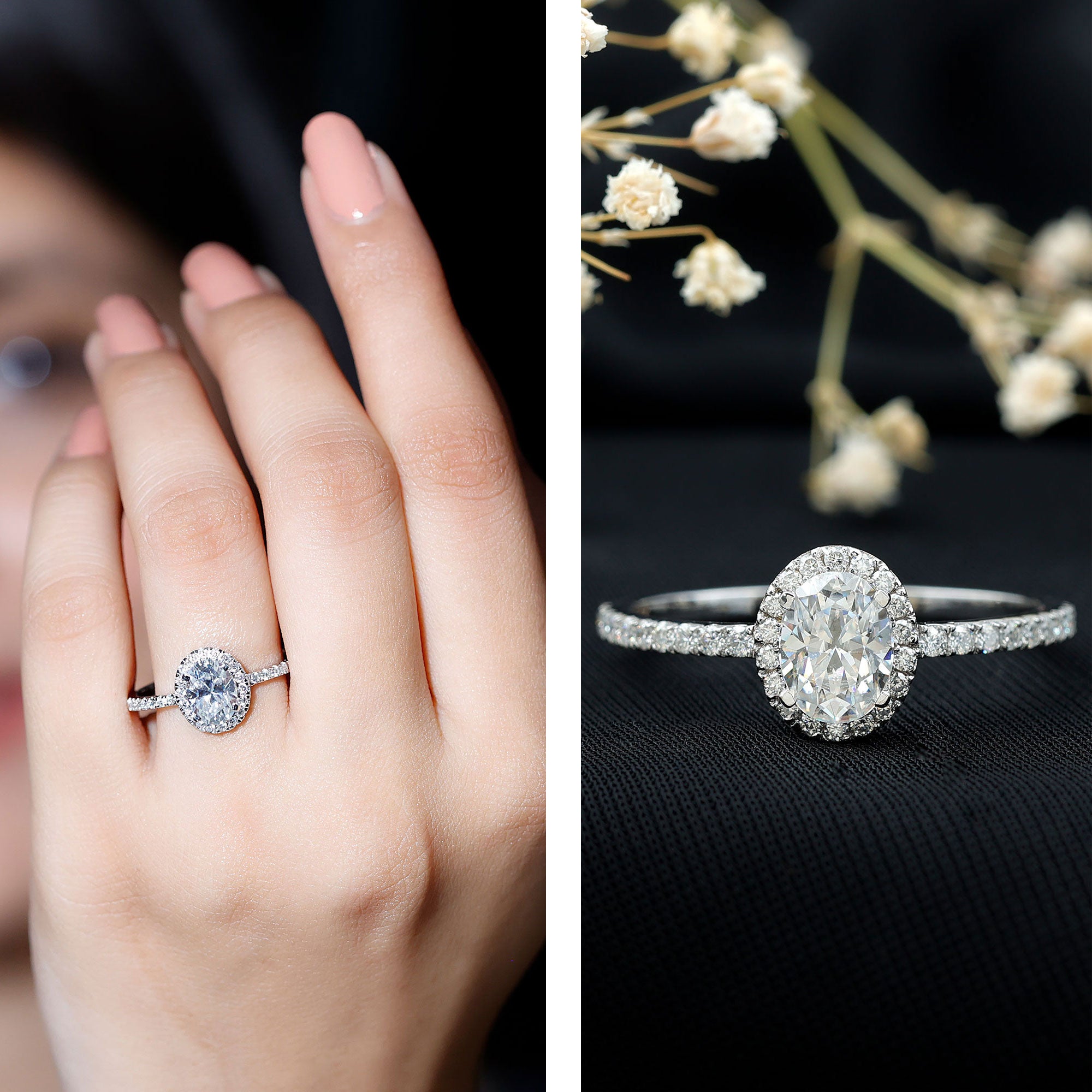 Rosec Jewels-Certified Moissanite Oval Engagement Ring with Halo